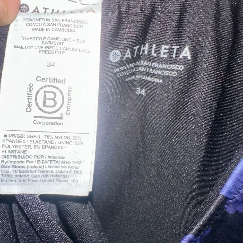 Athleta Freestyle blue camo 34 tie back sporty one piece swimsuit